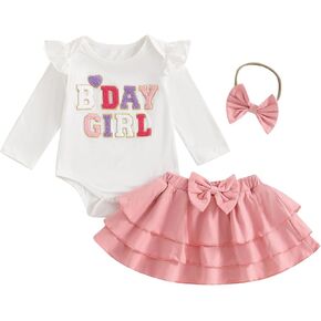 Baby Birthday Girl Outfit B-day Letter Embroidery Ruffle Sleeve Romper 3 Layered Ruffled Mini Skirt 3Pcs Fall Clothes