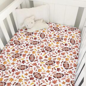Watercolor Fall Football Pumpkin Leaves Baby Crib Sheets 52''x28'' Autumn Football Snug Fitted Crib Mattress Cover for Boy Girl Sports Lover Gift Soft Bed Sheet for Standard Crib Toddler Mattress