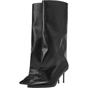 YIYA Women's Black Wide Calf Knee High Shark Boots Sexy Pointed Toe Stiletto High Heels Long Boots Slip on Boots