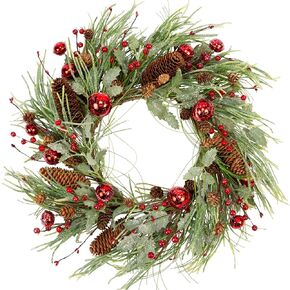 VGIA 20 Inch Christmas Wreath Winter Wreath with Red Jingle Bells and Berries Door Wreath with Artificial Snow Christmas Decorations with Pine Branches