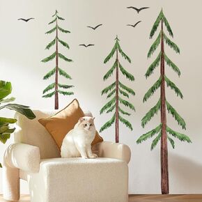 LiveGallery Removable Large 3 Pine Brown Tree Wall Decals Green Leaf With Black flying Birds Wall Sticker DIY Peel and Stick Plants Wall art Decor for Kids Girls Boys Teens Nursery Bedroom Living Room