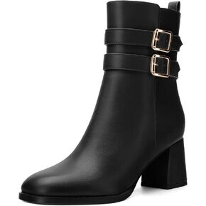 Womens Chunky High Heel Boots - Zip Up, Square Toe, Ankle Booties,Simple Classic Mid Heel Shoes for Women2.5in