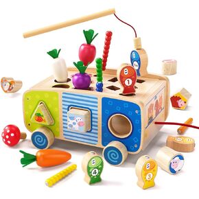 Dailyfunn Montessori Toys for Babies Toddlers Boys Girls1-3 Years Old Multifunctional Pull Toy Fishing Game Carrots Harvest Game Shape Sorter