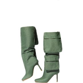 Knee High Denim Boots with Pockets, Green