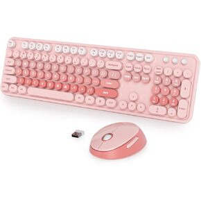 Wireless Keyboard and Mouse Set, Retro Typewriter Keyboard, 2.4GHz Full Size 104-Key Cute Keyboard with Number Pad, Colorful Keyboard with Round Keycaps for Windows PC Laptop(Coffee)