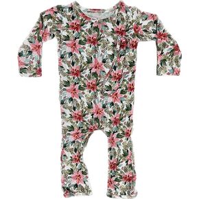 Bamboo Viscose Baby Romper Christmas Collection (Holiday Floral with Butt Ruffles, 12 Months)