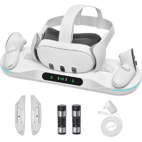 Charging Dock for Meta Quest 3, VR Charging Stand for Quest 3 VR Headset & Controllers, Magnetic Charger Display Stand with 2 Rechargeable Batteries, Battery Cover and LED Indicator, Fast Charging