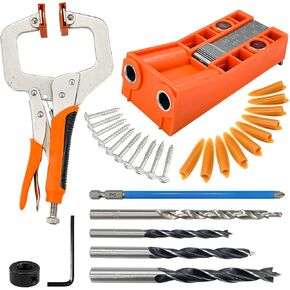 Sutekus Twin Drill Jig Kit Adjustable Pocket Hole Jig with 11 Inch Clamp, Square Driver Bit, Hex Wrench, Depth Stop Collar, Step Drill Bit, Plugs and Screws for Joinery Woodworking Carpentry