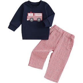 SAYOO Christmas Outfit Toddler Boys Girls Firetruck/Santa Embroidered Sweatshirt Pullover Plaid Gingham Pants Fall Clothes