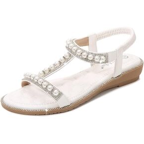 Comfortable Women's Sandals Summer Bohemian Style Beach Shoes Pearl Rhinestone Elastic Strap Flat Sandals