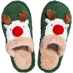 Christmas Reindeer Slippers for Women, Soft Comfy Plush Warm Winter House Slippers, Fuzzy Cozy Slip-On Slippers
