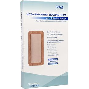 Areza Medical - Ultra-Absorbent Silicone Foam Wound Dressing - Waterproof - with Adhesive Border - sterile - 6" X 6" (15 cm X 15 cm) - 20 PCS per box