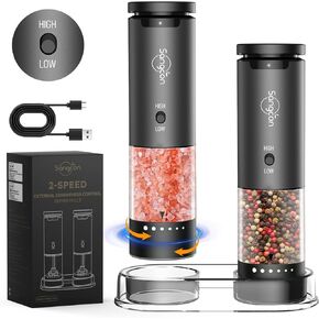 Sangcon Electric Salt and Pepper Grinder Set of 2, Automatic Salt Pepper Grinder Mill with Rechargeable Base LED light, Adjustable Coarseness,One-handed Operation, Refillable Spice Mill Shakers