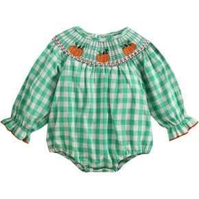 Newborn Baby Girl Halloween Romper Plaid Pumpkin Embroidery Long Puff Sleeve Smocked Romper Cotton Linen Fall Bodysuit