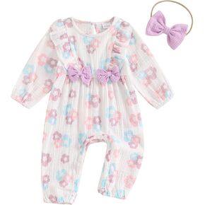 Sasaerucure الوليد طفلة طويلة الأكمام رومبير بذلة السراويل الكتان الأزهار عموما قطعة واحدة OutfitFall الملابس in Kuwait