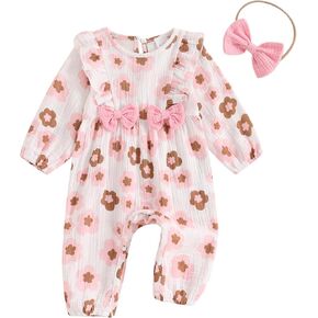Sasaerucure Newborn Baby Girl Long Sleeve Romper Jumpsuit Pants Linen Floral Overall One Piece OutfitFall Clothes