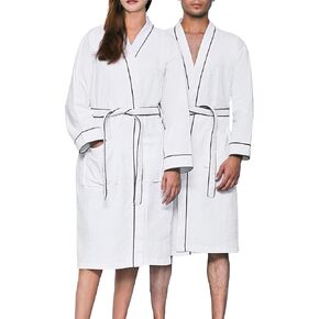 Looperry Unisex White Waffle Bathrobe in Dyed Satin Piping. Luxurious & Lightweight Shower Robe in Organic Cotton Poly Blend.