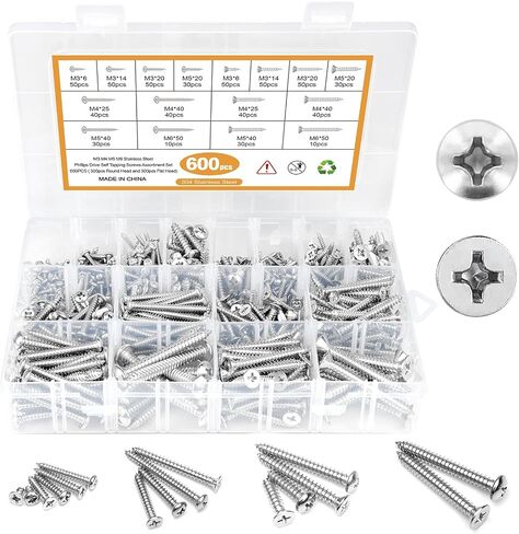 460PCS Stainless Steel Wood Screws Assortment Kit, 18 Sizes #4#6#8#10#12 Phillips Pan Head Sheet Metal Screws Self Tapping Screws Set for Wood Deck Drywall Concrete Screws, Length 1/4" to 2" in Saudi Arabia