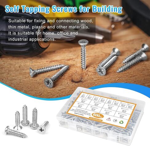 460PCS Stainless Steel Wood Screws Assortment Kit, 18 Sizes #4#6#8#10#12 Phillips Pan Head Sheet Metal Screws Self Tapping Screws Set for Wood Deck Drywall Concrete Screws, Length 1/4" to 2" in Saudi Arabia