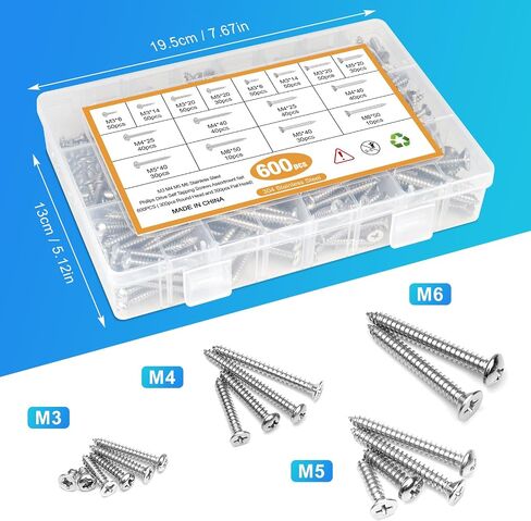 460PCS Stainless Steel Wood Screws Assortment Kit, 18 Sizes #4#6#8#10#12 Phillips Pan Head Sheet Metal Screws Self Tapping Screws Set for Wood Deck Drywall Concrete Screws, Length 1/4" to 2" in Saudi Arabia