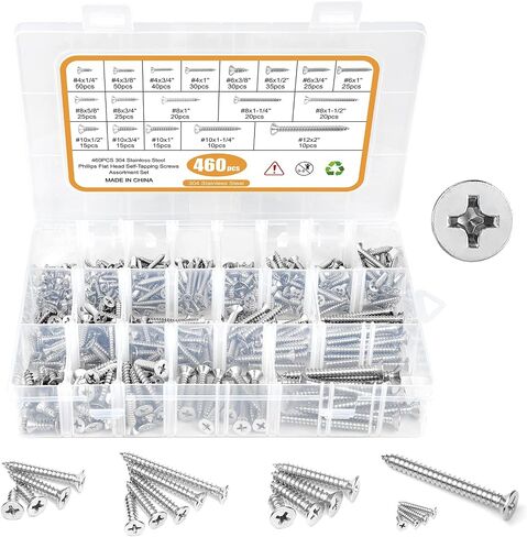 460PCS Stainless Steel Wood Screws Assortment Kit, 18 Sizes #4#6#8#10#12 Phillips Pan Head Sheet Metal Screws Self Tapping Screws Set for Wood Deck Drywall Concrete Screws, Length 1/4" to 2" in Saudi Arabia
