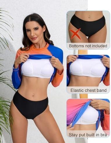 Halcurt Women's Long Sleeve Rash Guard Swim Shirt Built in Bra UPF50+ Sun Protection Quick Dry Swimsuit Top in Kuwait