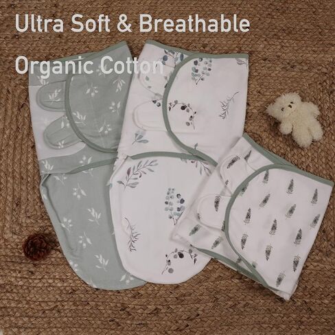 Baby Swaddle Sleep Sack 3 Pack, Organic Cotton Baby Swaddle Wrap 0-3 Months | Soft Breathable Organic Muslin Cotton, Adjustable Wing Design, Secure Swaddle Fit Newborn Sleep Essential, Flowers & Rabbits in Saudi Arabia
