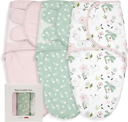 Baby Swaddle Sleep Sack 3 Pack, Organic Cotton Baby Swaddle Wrap 0-3 Months | Soft Breathable Organic Muslin Cotton, Adjustable Wing Design, Secure Swaddle Fit Newborn Sleep Essential, Flowers & Rabbits in Saudi Arabia