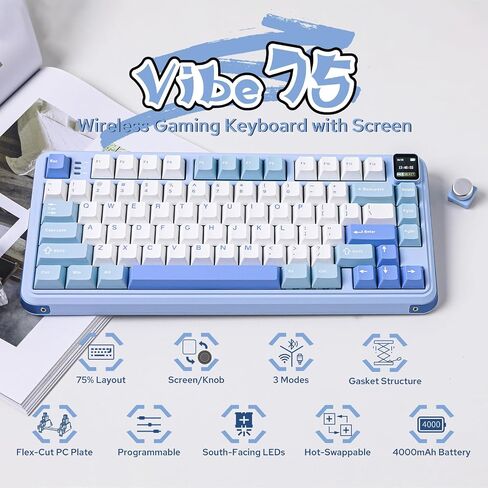 Vibe75 75% Wireless Gaming Keyboard with Interchangeable Screen&Knob Modules, Gasket Mechanical Keyboard, Hot Swappable Creamy Keyboard with BT5.0/2.4GHz/USB-C, 5-Layer Padding, RGB (Blue) in Saudi Arabia