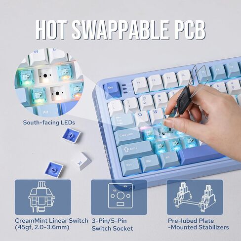 Vibe75 75% Wireless Gaming Keyboard with Interchangeable Screen&Knob Modules, Gasket Mechanical Keyboard, Hot Swappable Creamy Keyboard with BT5.0/2.4GHz/USB-C, 5-Layer Padding, RGB (Blue) in Saudi Arabia