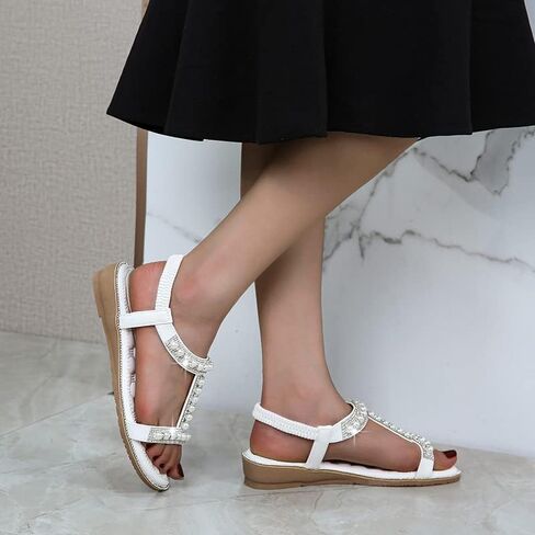 Comfortable Women's Sandals Summer Bohemian Style Beach Shoes Pearl Rhinestone Elastic Strap Flat Sandals in Saudi Arabia