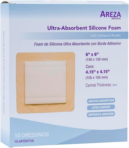 Areza Medical - ضمادات جروح من رغوة السيليكون فائقة الامتصاص - مقاومة للماء - مع حدود لاصقة - معقمة - 6 × 6 بوصة (15 سم × 15 سم) - 20 قطعة لكل صندوق in Saudi Arabia