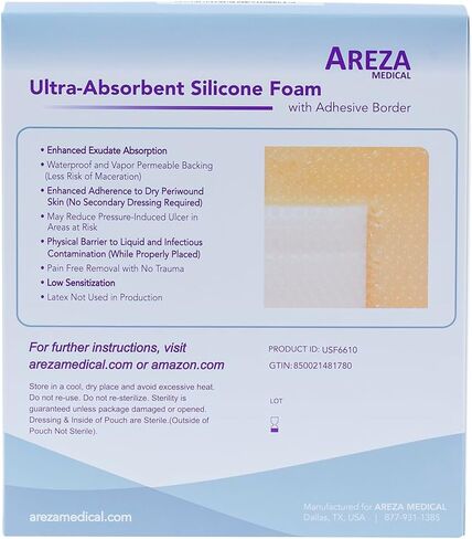 Areza Medical - ضمادات جروح من رغوة السيليكون فائقة الامتصاص - مقاومة للماء - مع حدود لاصقة - معقمة - 6 × 6 بوصة (15 سم × 15 سم) - 20 قطعة لكل صندوق in Saudi Arabia