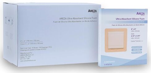 Areza Medical - ضمادات جروح من رغوة السيليكون فائقة الامتصاص - مقاومة للماء - مع حدود لاصقة - معقمة - 6 × 6 بوصة (15 سم × 15 سم) - 20 قطعة لكل صندوق in Saudi Arabia