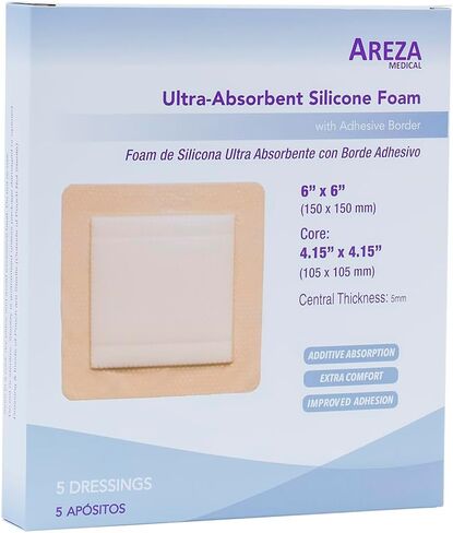 Areza Medical - ضمادات جروح من رغوة السيليكون فائقة الامتصاص - مقاومة للماء - مع حدود لاصقة - معقمة - 6 × 6 بوصة (15 سم × 15 سم) - 20 قطعة لكل صندوق in Saudi Arabia