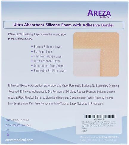 Areza Medical - ضمادات جروح من رغوة السيليكون فائقة الامتصاص - مقاومة للماء - مع حدود لاصقة - معقمة - 6 × 6 بوصة (15 سم × 15 سم) - 20 قطعة لكل صندوق in Saudi Arabia