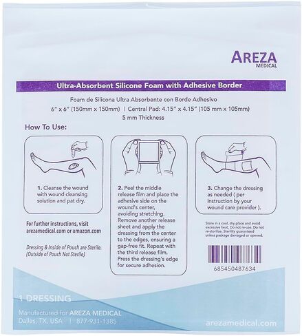 Areza Medical - ضمادات جروح من رغوة السيليكون فائقة الامتصاص - مقاومة للماء - مع حدود لاصقة - معقمة - 6 × 6 بوصة (15 سم × 15 سم) - 20 قطعة لكل صندوق in Saudi Arabia