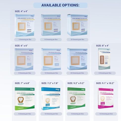 Areza Medical - ضمادات جروح من رغوة السيليكون فائقة الامتصاص - مقاومة للماء - مع حدود لاصقة - معقمة - 6 × 6 بوصة (15 سم × 15 سم) - 20 قطعة لكل صندوق in Saudi Arabia