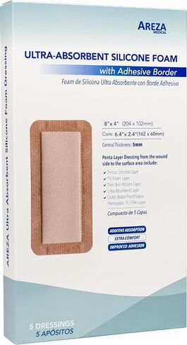 Areza Medical - ضمادات جروح من رغوة السيليكون فائقة الامتصاص - مقاومة للماء - مع حدود لاصقة - معقمة - 6 × 6 بوصة (15 سم × 15 سم) - 20 قطعة لكل صندوق in Saudi Arabia