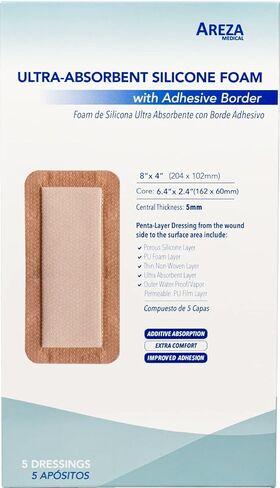 Areza Medical - ضمادات جروح من رغوة السيليكون فائقة الامتصاص - مقاومة للماء - مع حدود لاصقة - معقمة - 6 × 6 بوصة (15 سم × 15 سم) - 20 قطعة لكل صندوق in Saudi Arabia