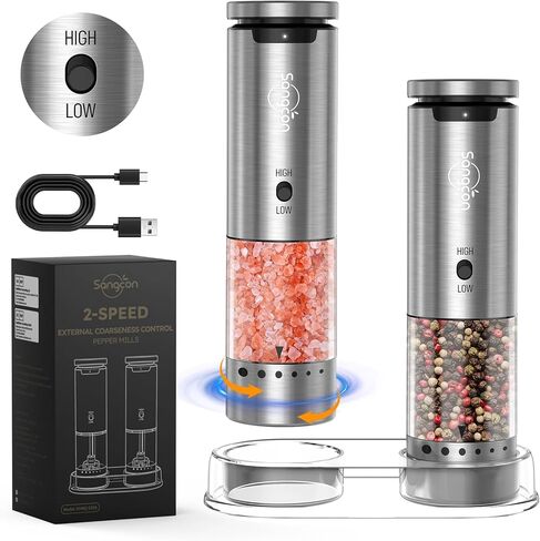 Sangcon Electric Salt and Pepper Grinder Set of 2, Automatic Salt Pepper Grinder Mill with Rechargeable Base LED light, Adjustable Coarseness,One-handed Operation, Refillable Spice Mill Shakers in Kuwait