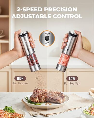 Sangcon Electric Salt and Pepper Grinder Set of 2, Automatic Salt Pepper Grinder Mill with Rechargeable Base LED light, Adjustable Coarseness,One-handed Operation, Refillable Spice Mill Shakers in Kuwait