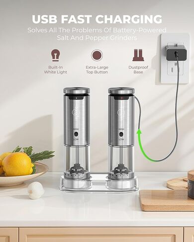 Sangcon Electric Salt and Pepper Grinder Set of 2, Automatic Salt Pepper Grinder Mill with Rechargeable Base LED light, Adjustable Coarseness,One-handed Operation, Refillable Spice Mill Shakers in Kuwait