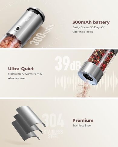 Sangcon Electric Salt and Pepper Grinder Set of 2, Automatic Salt Pepper Grinder Mill with Rechargeable Base LED light, Adjustable Coarseness,One-handed Operation, Refillable Spice Mill Shakers in Kuwait