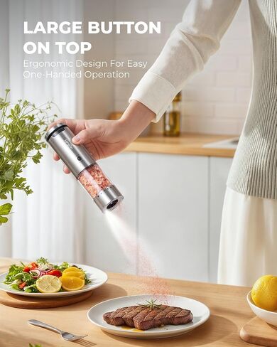 Sangcon Electric Salt and Pepper Grinder Set of 2, Automatic Salt Pepper Grinder Mill with Rechargeable Base LED light, Adjustable Coarseness,One-handed Operation, Refillable Spice Mill Shakers in Kuwait