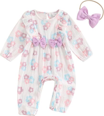 Sasaerucure الوليد طفلة طويلة الأكمام رومبير بذلة السراويل الكتان الأزهار عموما قطعة واحدة OutfitFall الملابس in Kuwait