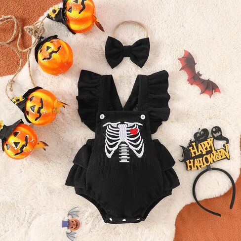 SAYOO My First Halloween Baby Girl Outfit Newborn Corduroy Ghost Skeleton Embroidery Romper Jumpsuit Infant 2Pcs Clothes in Saudi Arabia