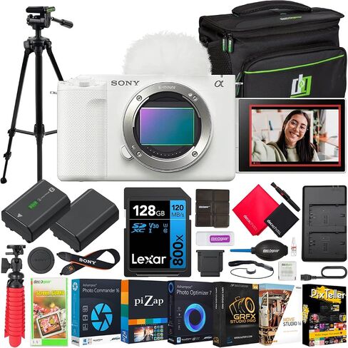 Sony ZV-E1 Mirrorless Full Frame Interchangeable Lens Vlog Camera Body ILCZV-E1/W White Bundle with Deco Gear Photography Case + Tripod + Extra Battery, Dual Charger, 128GB Card and Accessories Kit in Saudi Arabia
