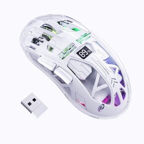 A2 Transparent Wireless Gaming Mouse,Dual Mode BT 5.0/2.4G PC Gaming Mice,PixArt 3212 5 Adjustable DPI,Rechargeable Silent Mouse with Digital Screen,RGB Backlight Mouse for Win/Mac(White)