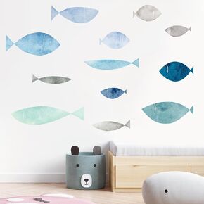 36 Pcs Fish Wall Decals Ocean Fish Wall Stickers Watercolor Blue School of Fish Decals Waterproof Vinyl Ocean Nursery Decor for Kids Room Bedroom Bathroom Wall Decoration